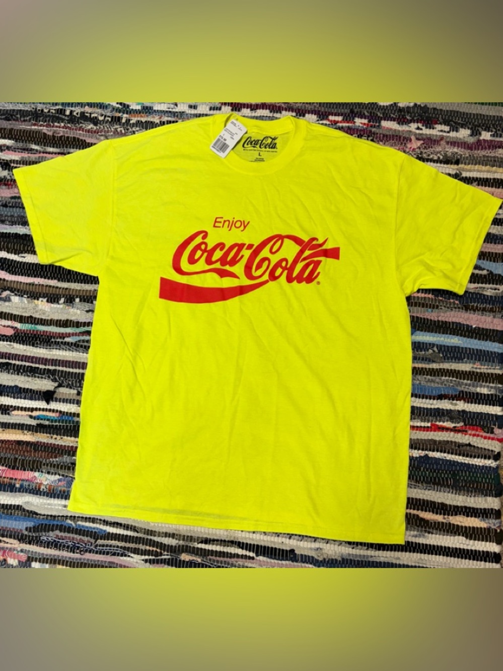 Mens Neon Yellow Coca Cola Tshirt Size L Short Sleeve Crew Neck Licensed